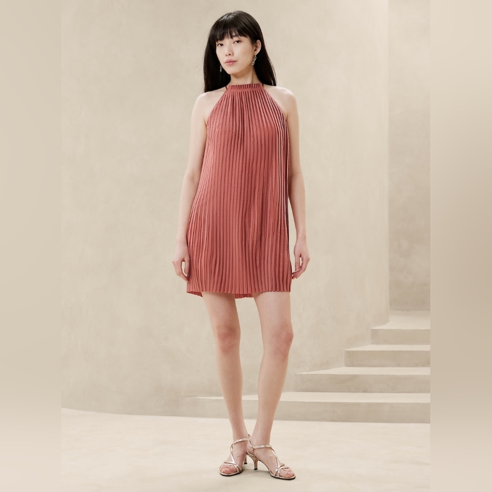Banana Republic Pleated Halter Dress Coastal Terra Cotta Sunset Shift NWT Large